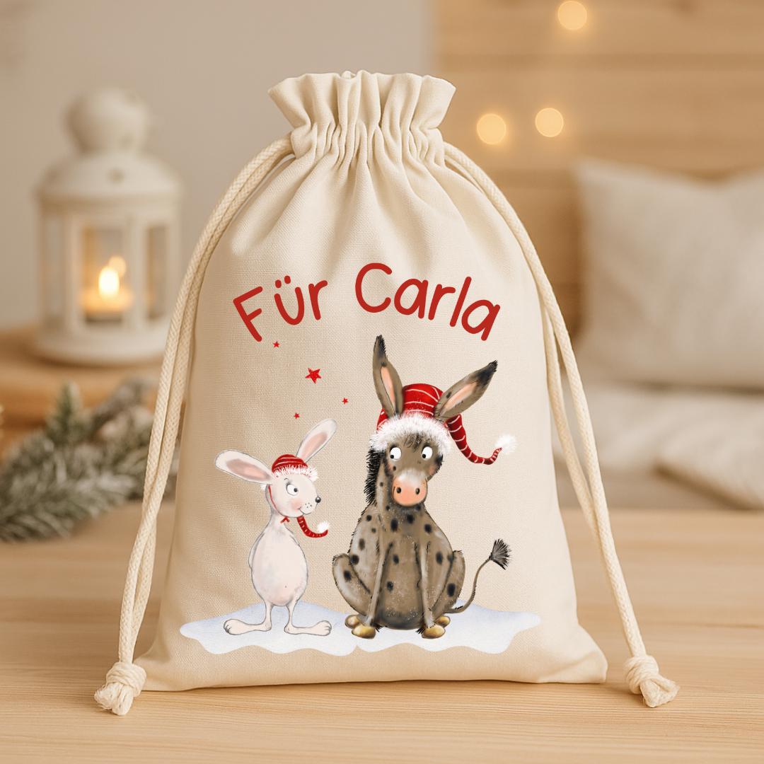 Geschenksack Weihnachten - personalisiert mit Name – Esel & Hase mit Mützen – nachhaltiger Nikolaussack Kinder im Aquarellstil – Gift Wrapping