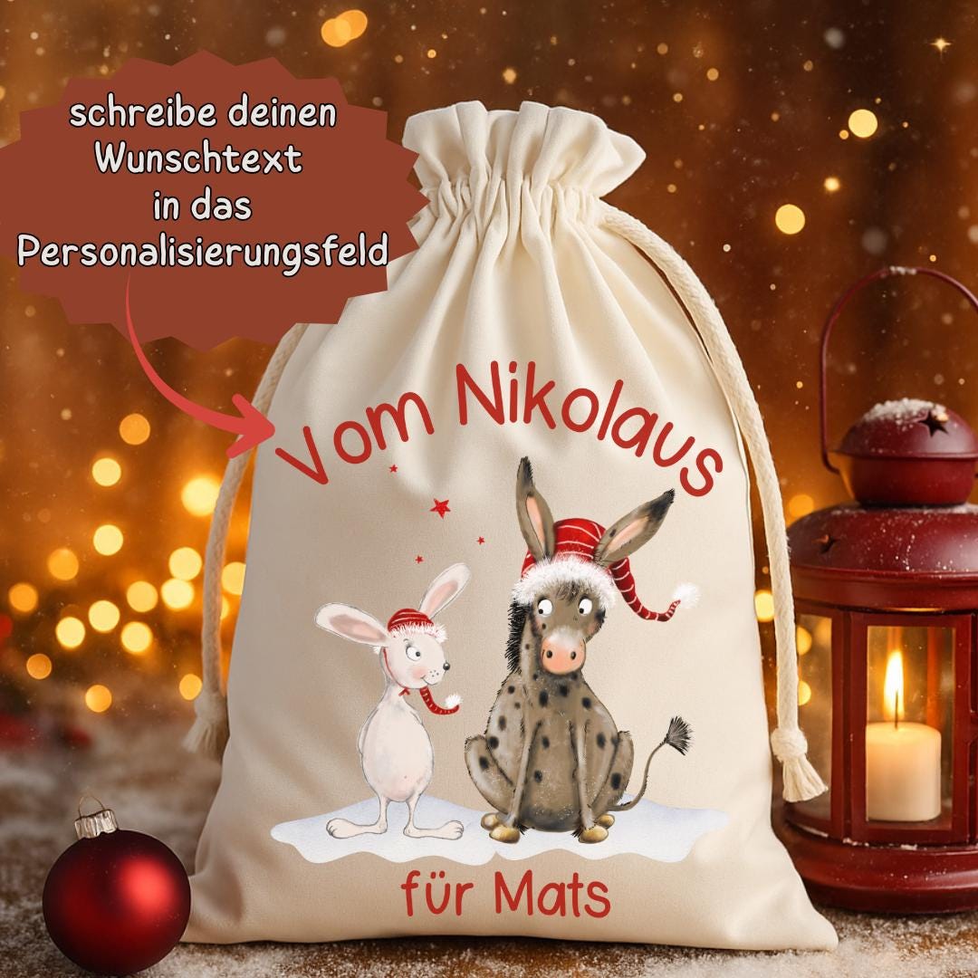 Geschenksack Weihnachten - personalisiert mit Name – Esel & Hase mit Mützen – nachhaltiger Nikolaussack Kinder im Aquarellstil – Gift Wrapping