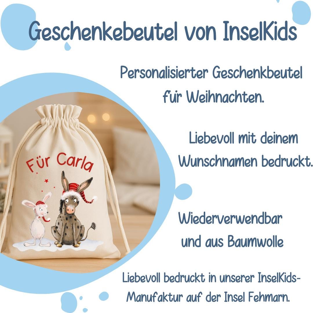 Geschenksack Weihnachten - personalisiert mit Name – Esel & Hase mit Mützen – nachhaltiger Nikolaussack Kinder im Aquarellstil – Gift Wrapping