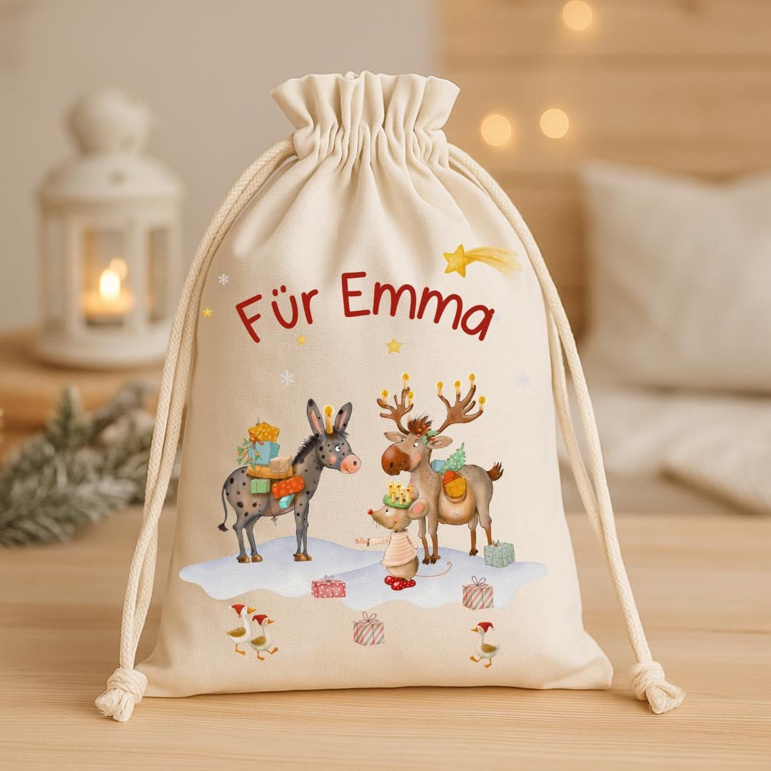 Geschenksack Weihnachten - personalisiert mit Name – Esel, Elch & Maus mit Geschenken – nachhaltiger Nikolaussack Kinder – Gift Wrapping