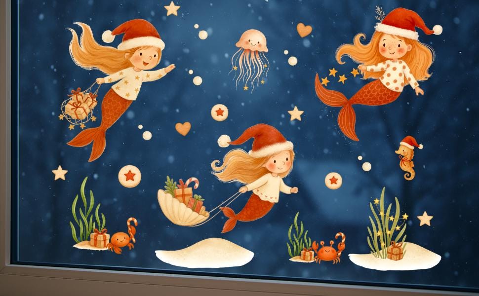 Fensterbild Weihnachten -Meerjungfrauen & Meerestiere – statisch haftend und wiederverwendbar – Unterwasser Weihnachtsdeko –