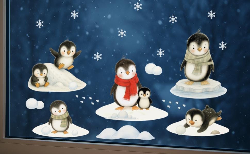 Fensterbild Winter - Pinguine im Schnee – statisch haftend & wiederverwendbar – liebevoll illustriert im Aquarellstil für zimmer –