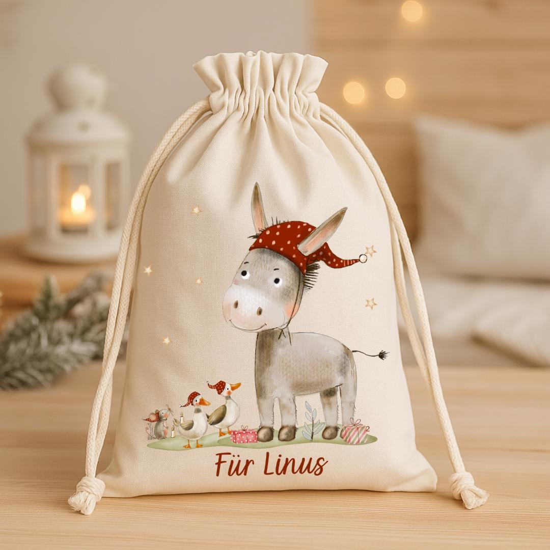 Geschenksack Weihnachten - personalisiert mit Name – Esel mit Mütze – nachhaltiger Nikolaussack Kinder im Aquarellstil – Gift Wrapping