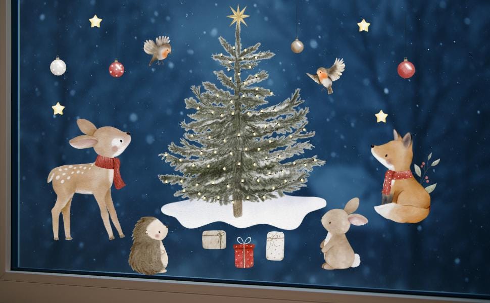 Fensterbild Weihnachten - Tiere um Weihnachtsbaum – statisch haftend & wiederverwendbar – liebevolle Fensterdeko –