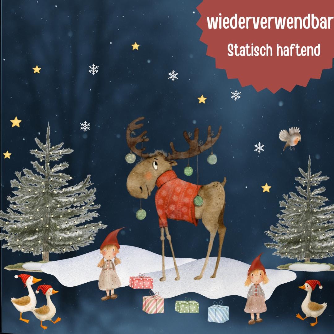 Fensterbild Weihnachten - Elch & Wichtel mit Geschenken – skandinavische Weihnachtsdeko - statisch haftend und wiederverwendbar –