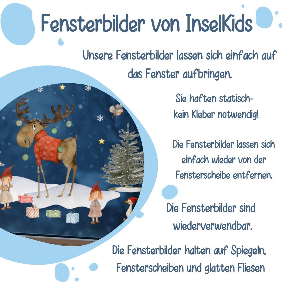 Fensterbild Weihnachten - Elch & Wichtel mit Geschenken – skandinavische Weihnachtsdeko - statisch haftend und wiederverwendbar –