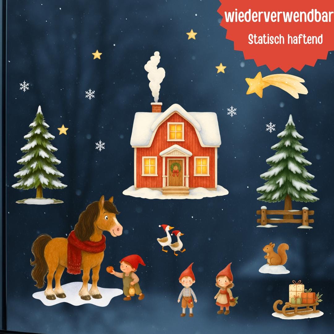 Fensterbild Weihnachten - skandinavischer Hof mit Pferd & Wichteln – statisch haftend und wiederverwendbar – nordische Weihnachtsdeko –