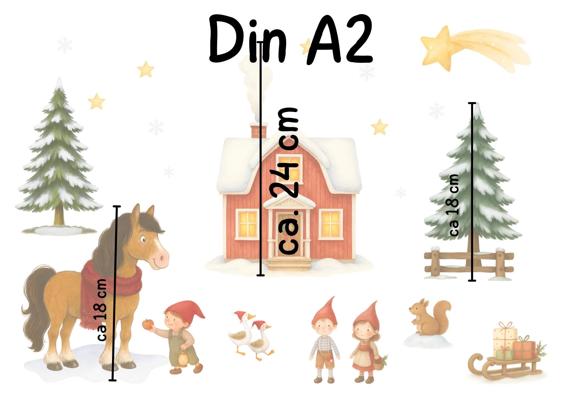 Fensterbild Weihnachten - skandinavischer Hof mit Pferd & Wichteln – statisch haftend und wiederverwendbar – nordische Weihnachtsdeko –