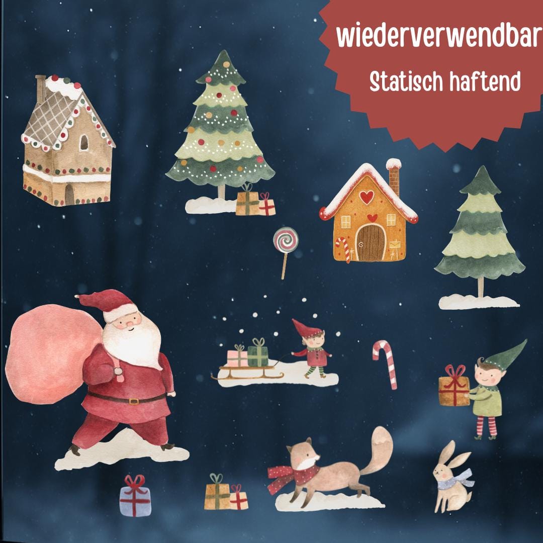 Fensterbild Weihnachten - Weihnachtsmann, Wichtel & Lebkuchenhaus – statisch haftend und wiederverwendbar – festliche Fensterdeko –