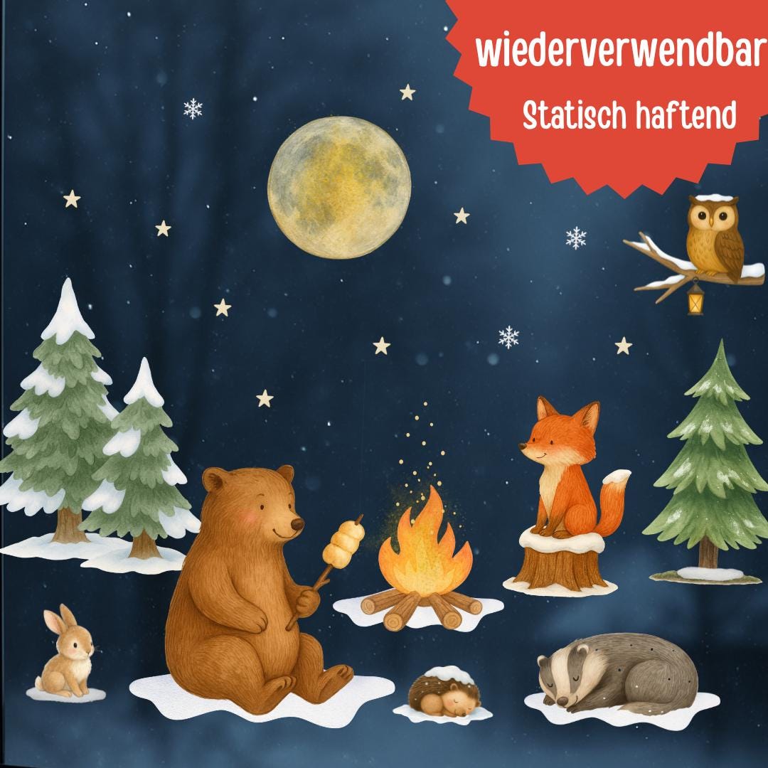 Fensterbild Winterwald Tiere - Bär & Fuchs am Lagerfeuer – statisch haftend und wiederverwendbar – winterliche Fensterdeko –