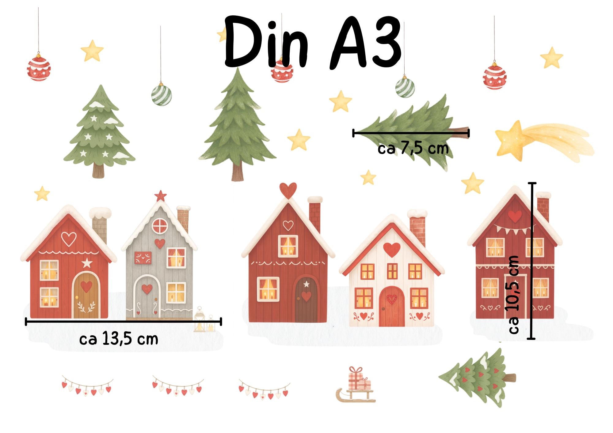 Fensterbild Weihnachten - skandinavische Häuserreihe mit Tannen – statisch haftend & wiederverwendbar – nordische Weihnachtsdeko –