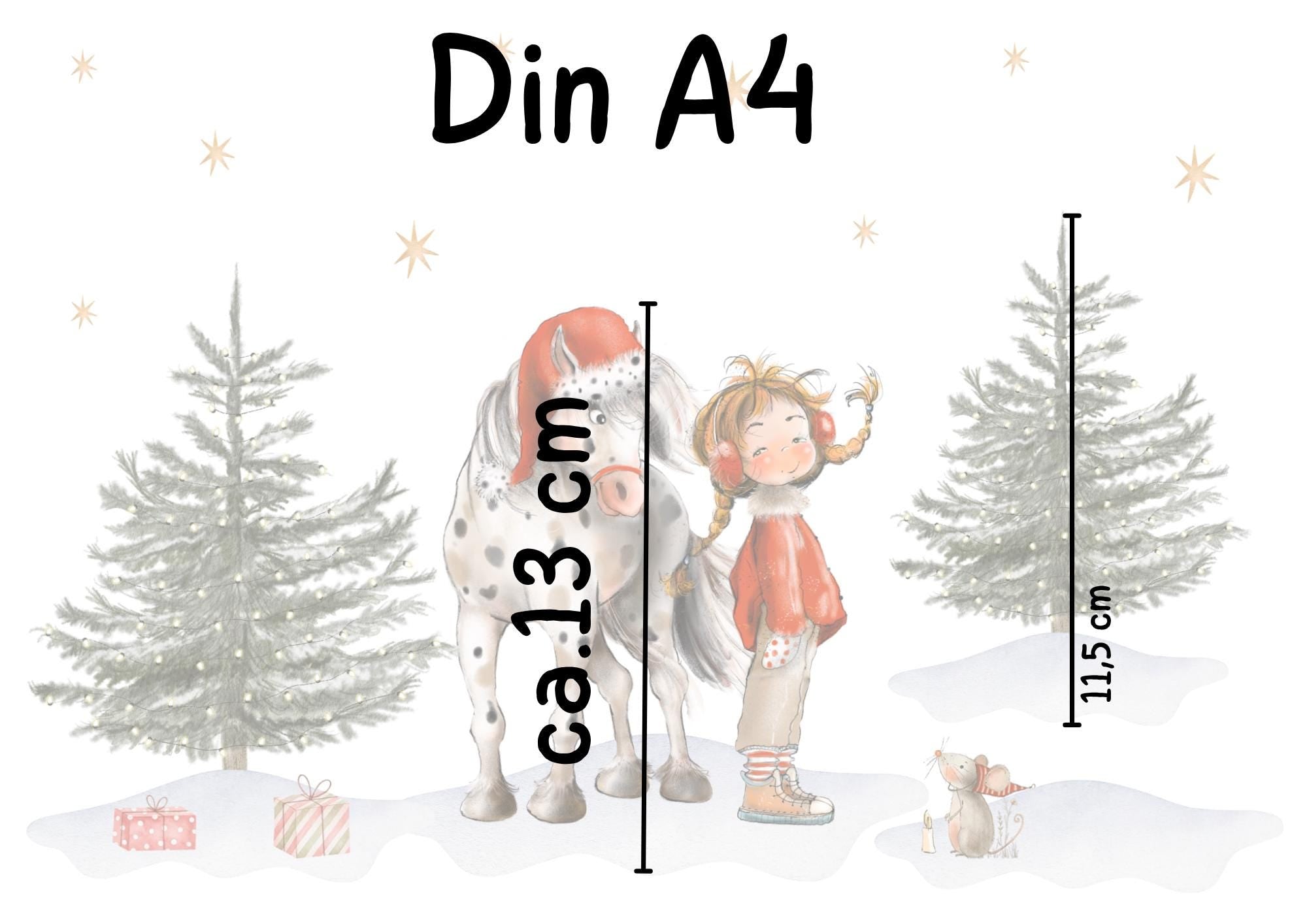 Weihnachtsfensterbild & Pferd – Winterwald, niedliche Szene, statisch haftend und wiederverwendbar –