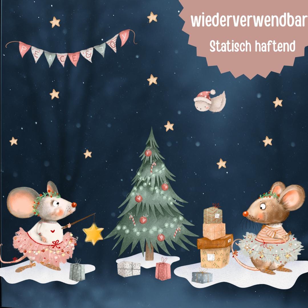 Weihnachtsfensterbild Mäuse – Tannenbaum, Geschenke und Winterdeko – statisch haftend & wiederverwendbar –