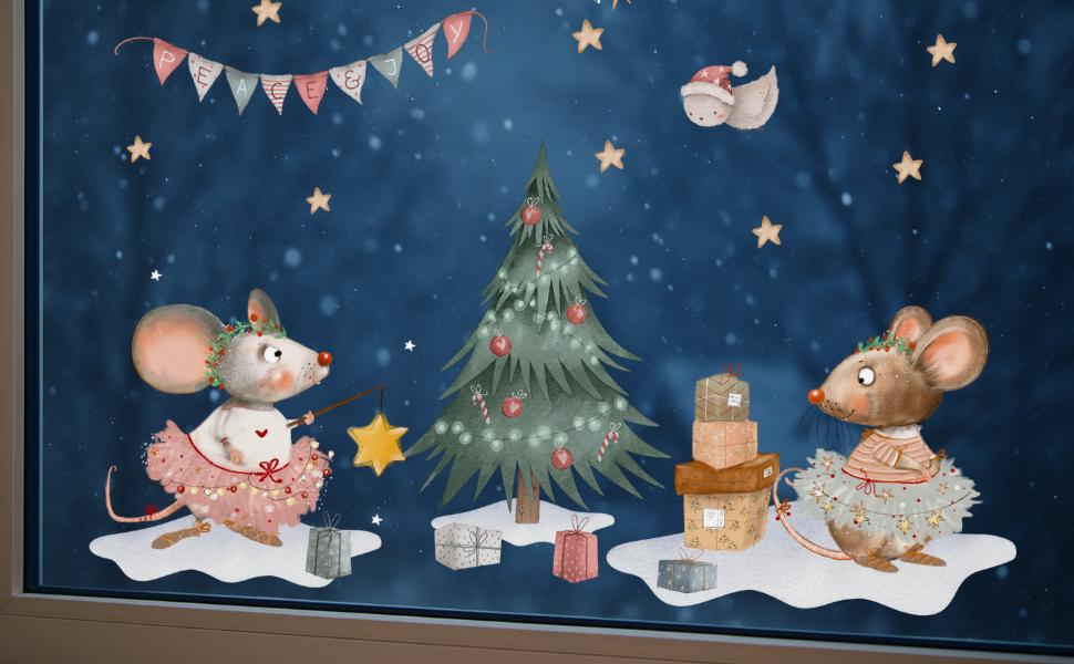 Weihnachtsfensterbild Mäuse – Tannenbaum, Geschenke und Winterdeko – statisch haftend & wiederverwendbar –