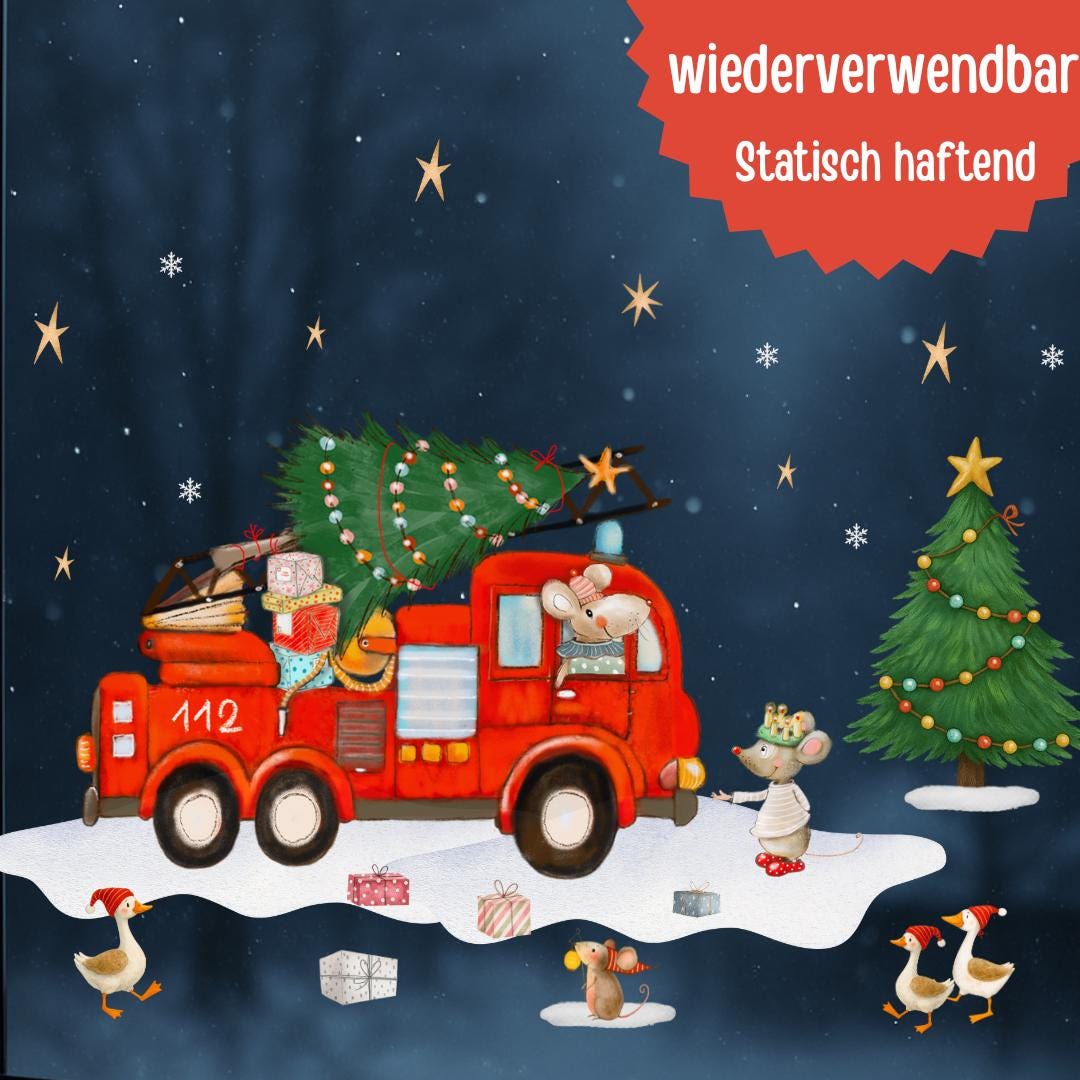 Weihnachtsfensterbild Feuerwehr – Mäuse, Tannenbaum und Geschenke – statisch haftend & wiederverwendbar –