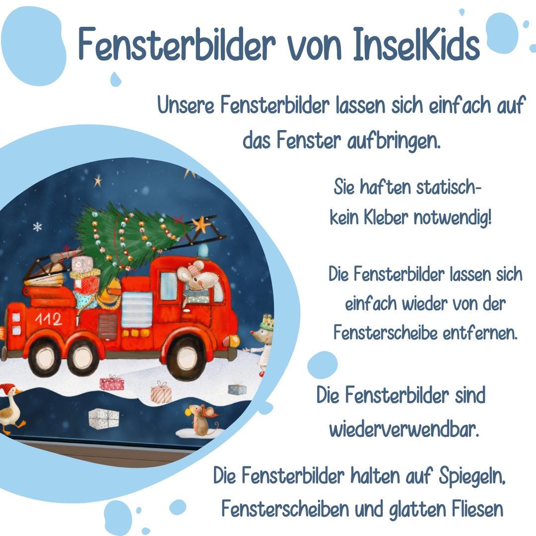 Weihnachtsfensterbild Feuerwehr – Mäuse, Tannenbaum und Geschenke – statisch haftend & wiederverwendbar –
