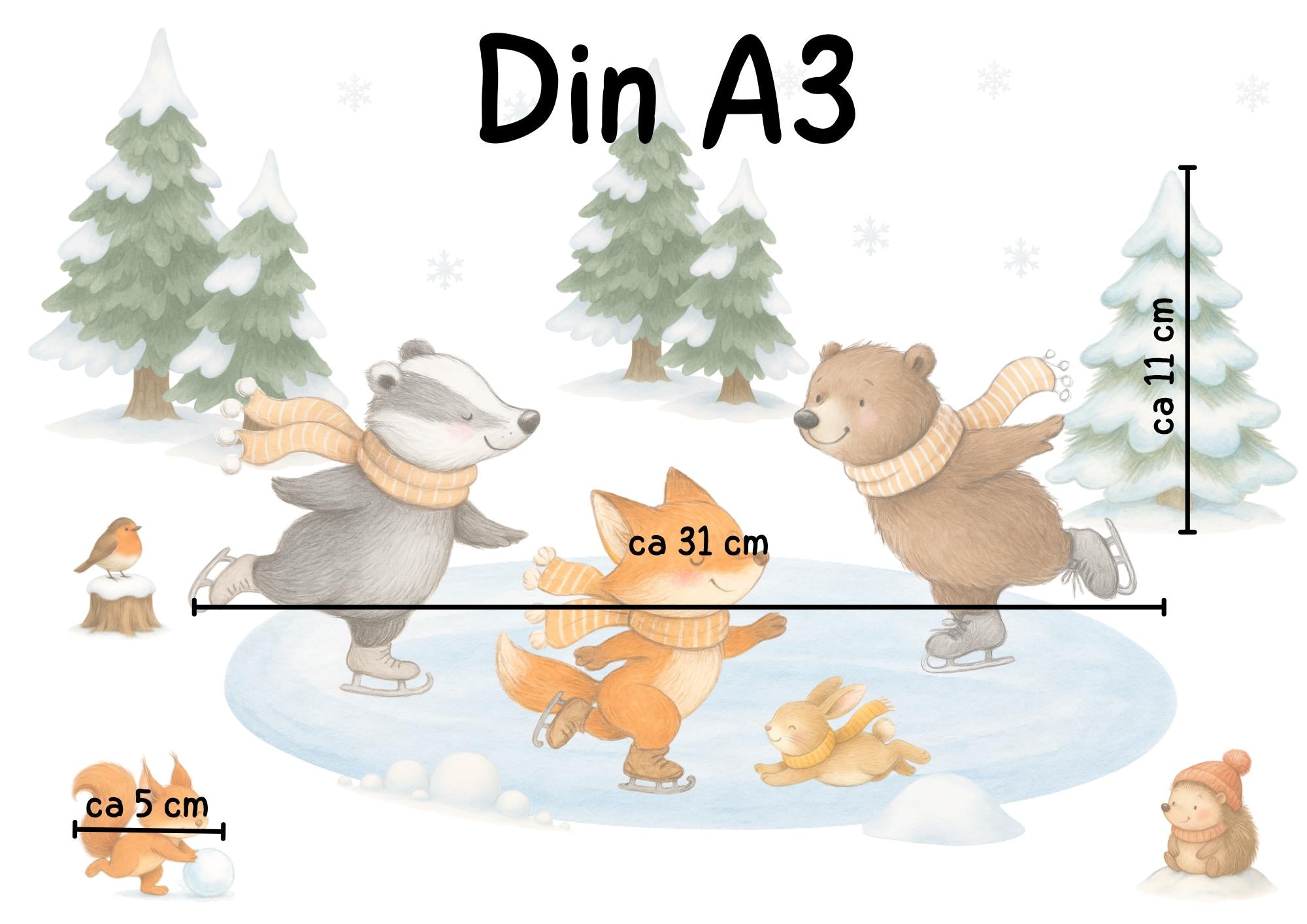 Fensterbild Wintertiere - Bär, Fuchs & Dachs beim Eislaufen – statisch haftend und wiederverwendbar – winterliche Fensterdeko –