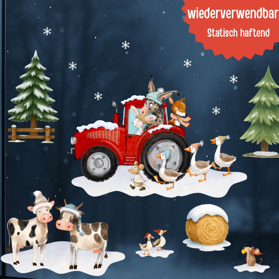 Fensterbild Winter Bauernhof - mit Traktor & Bauernhoftieren – statisch haftend und wiederverwendbar – winterliche Fensterdeko –