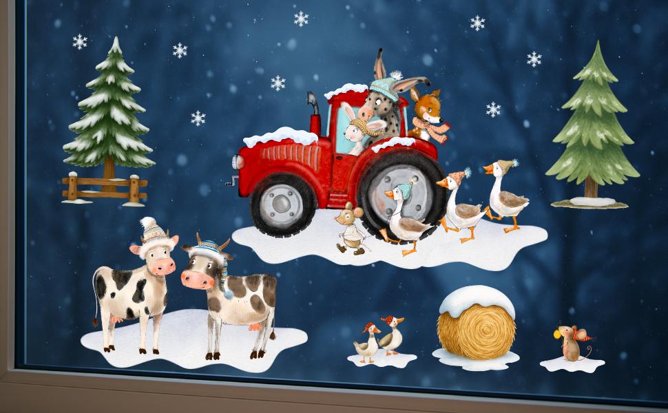 Fensterbild Winter Bauernhof - mit Traktor & Bauernhoftieren – statisch haftend und wiederverwendbar – winterliche Fensterdeko –