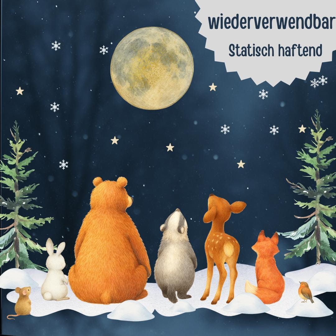 Fensterbild Winterwald Tiere - Bär, Reh & Fuchs unter dem Mond – statisch haftend und wiederverwendbar – winterliche Fensterdeko –