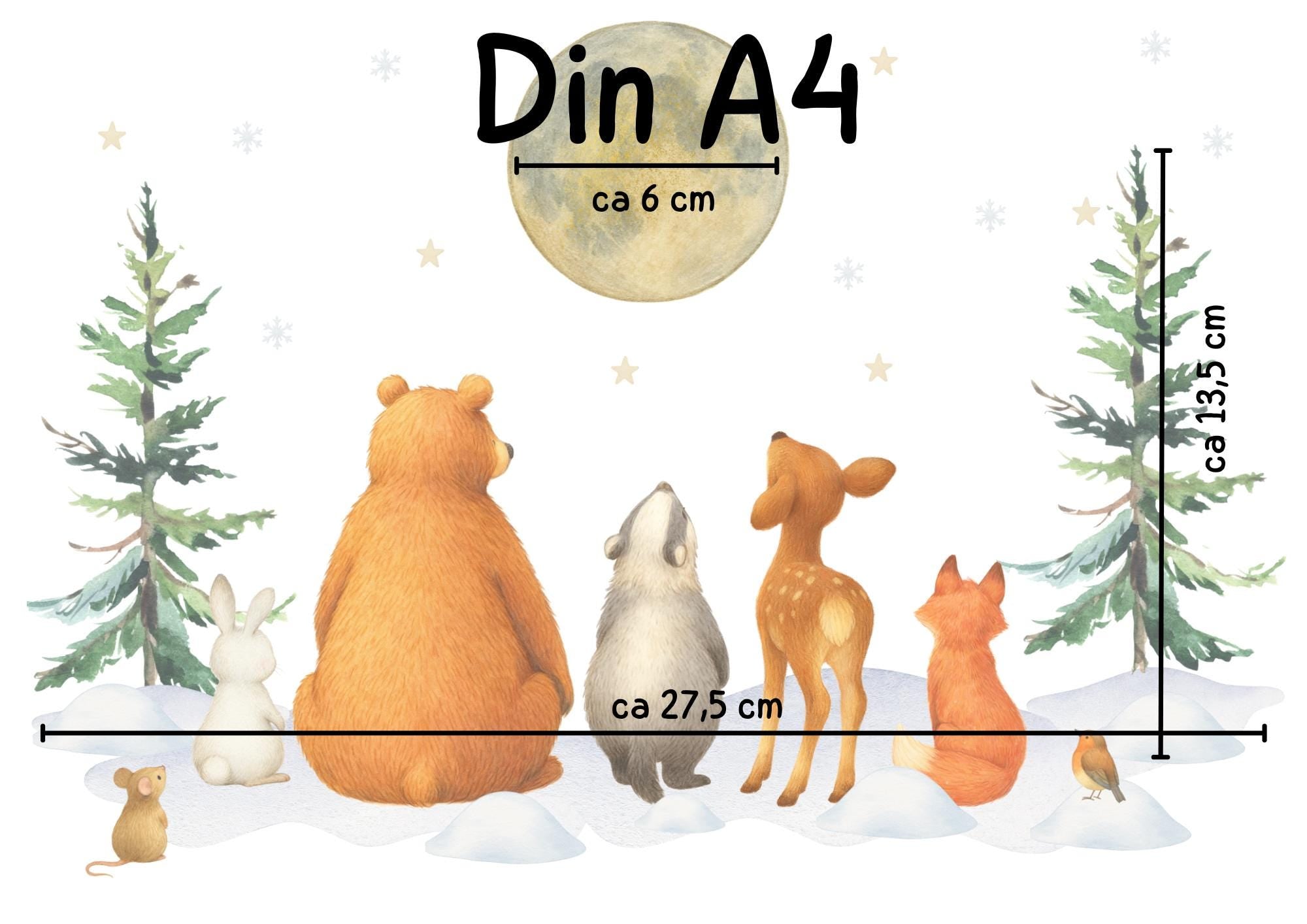 Fensterbild Winterwald Tiere - Bär, Reh & Fuchs unter dem Mond – statisch haftend und wiederverwendbar – winterliche Fensterdeko –