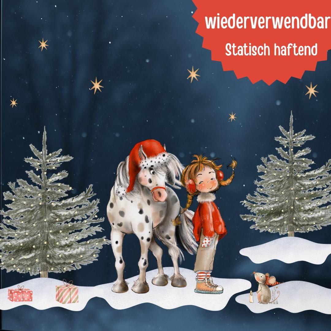 Weihnachtsfensterbild & Pferd – Winterwald, niedliche Szene, statisch haftend und wiederverwendbar –