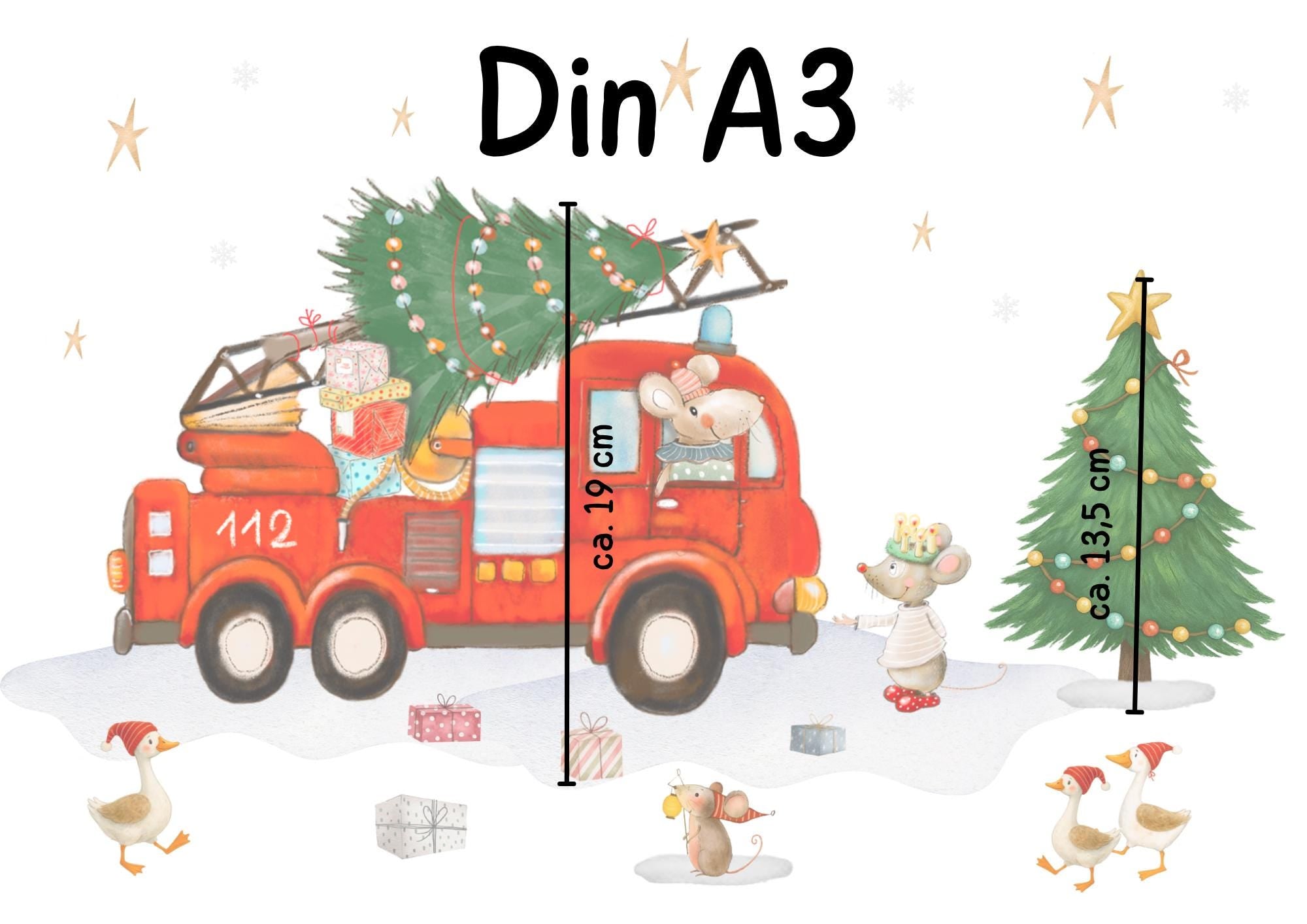 Weihnachtsfensterbild Feuerwehr – Mäuse, Tannenbaum und Geschenke – statisch haftend & wiederverwendbar –