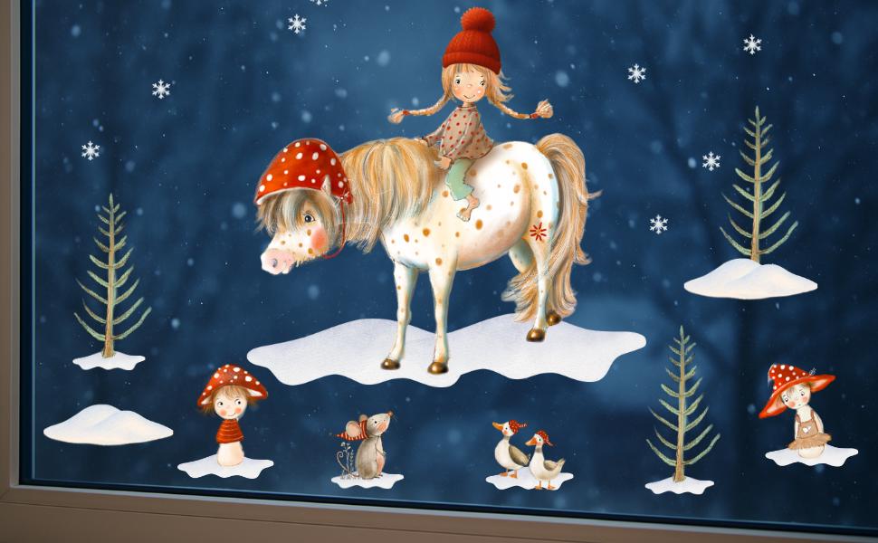 Winter-Fensterbild Pony und Waldtiere – märchenhafte Winterlandschaft für Kinder – statisch haftend & wiederverwendbar –