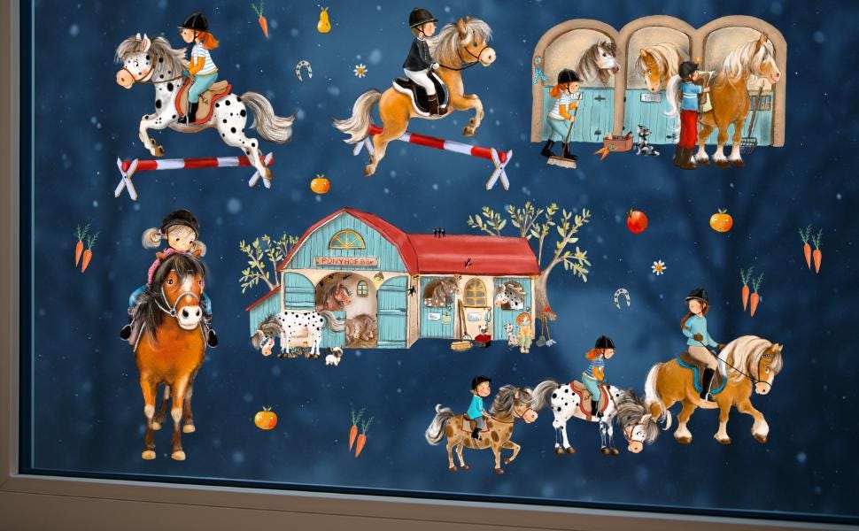 Fensterbild Ponyhof – Pferde & Reiter – liebevolle zimmer-Deko, statisch haftend und wiederverwendbar –