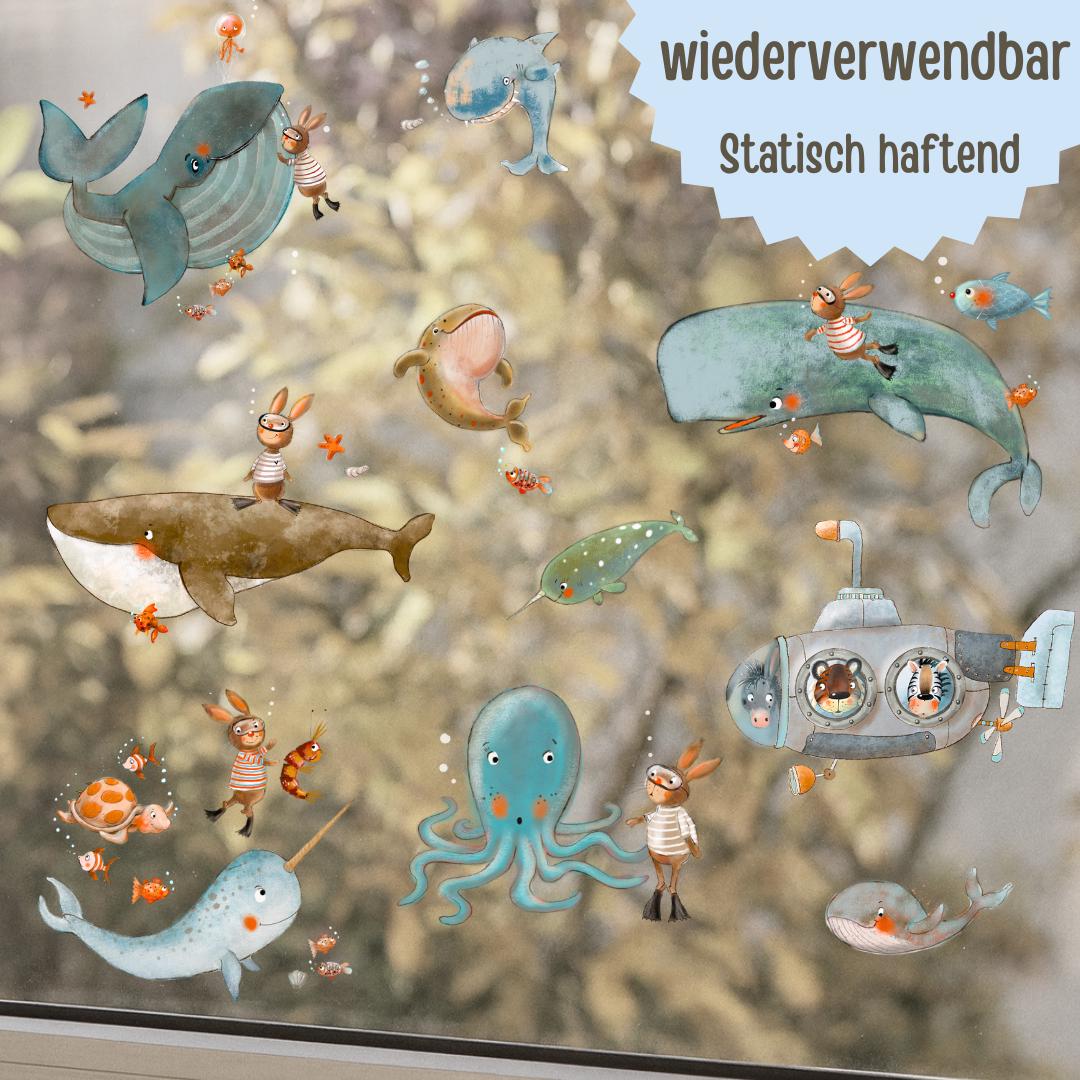 Fensterbild Meerestiere – niedliche Unterwasserwelt für Kinderzimmer – statisch haftend & wiederverwendbar –