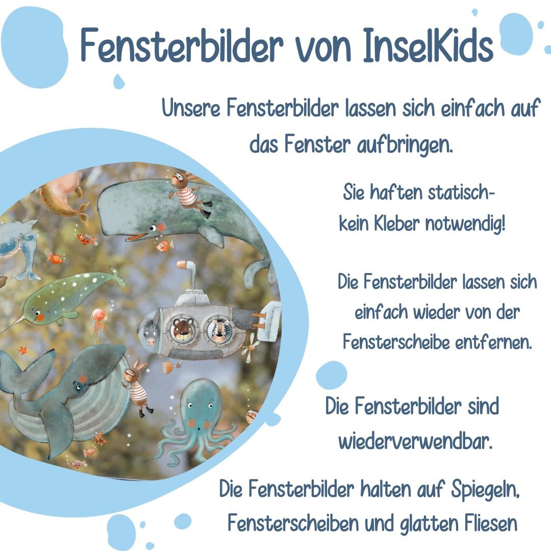 Fensterbild Meerestiere – niedliche Unterwasserwelt für Kinderzimmer – statisch haftend & wiederverwendbar –