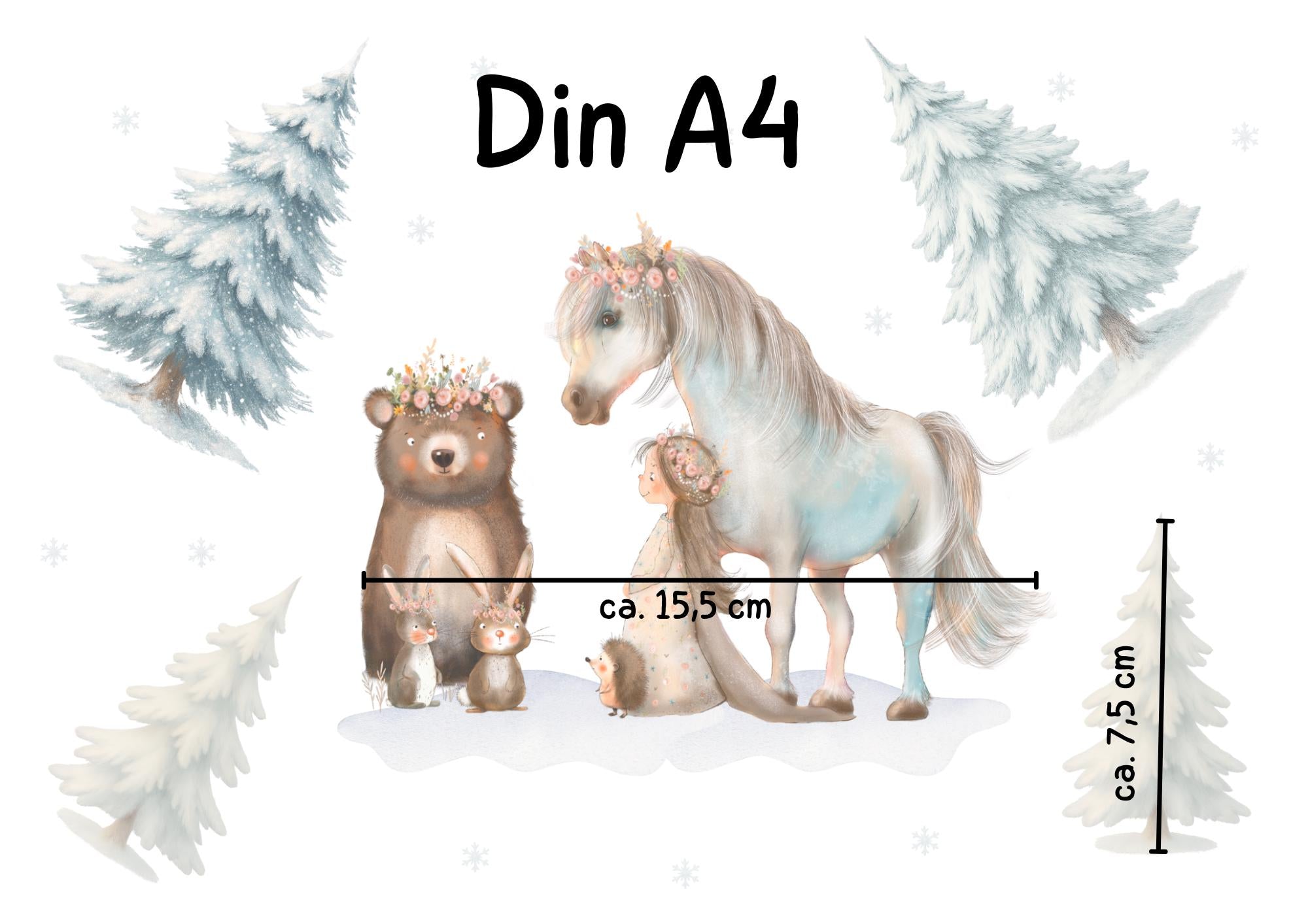 Winter-Fensterbild Pferd & Waldtiere – märchenhafte Winterwald-Deko – statisch haftend und wiederverwendbar –