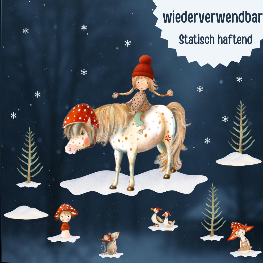 Winter-Fensterbild Pony und Waldtiere – märchenhafte Winterlandschaft für – statisch haftend & wiederverwendbar –