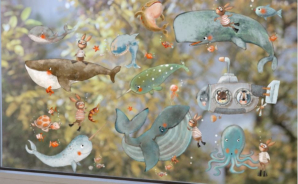 Fensterbild Meerestiere – niedliche Unterwasserwelt für zimmer – statisch haftend & wiederverwendbar –