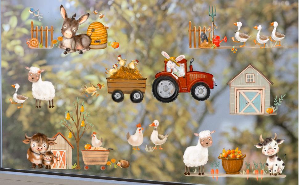 Fensterbild Bauernhof – niedliche Tiere & Traktor – statisch haftend und wiederverwendbar – Kinderzimmer Deko –