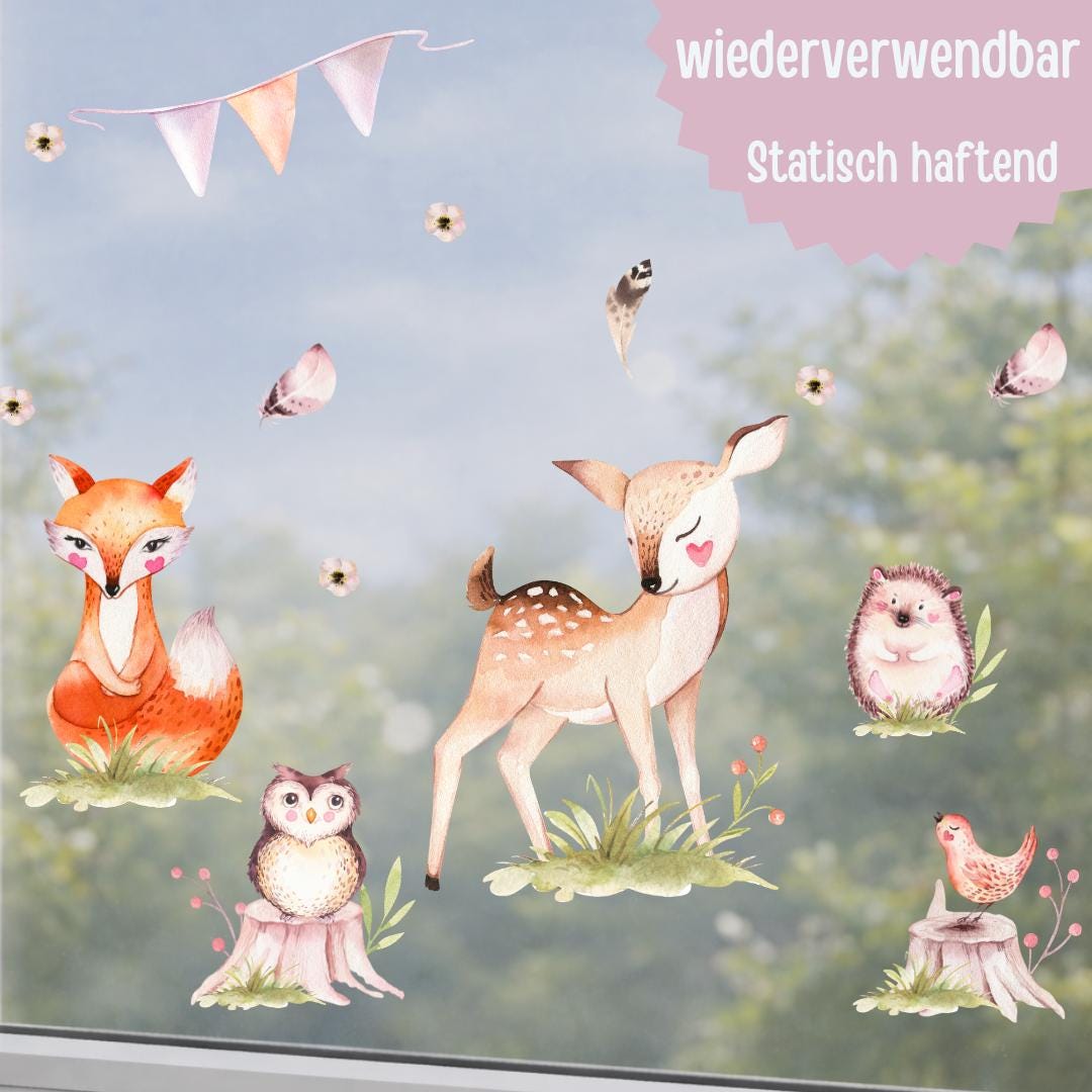 Fensterdeko Frühling – Waldtiere am Fenster, Fuchs, Reh & Eule als Fensterbild –