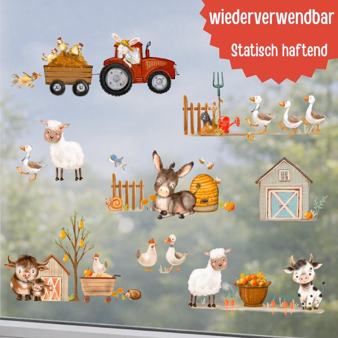 Fensterbild Bauernhof – niedliche Tiere & Traktor – statisch haftend und wiederverwendbar – zimmer Deko –