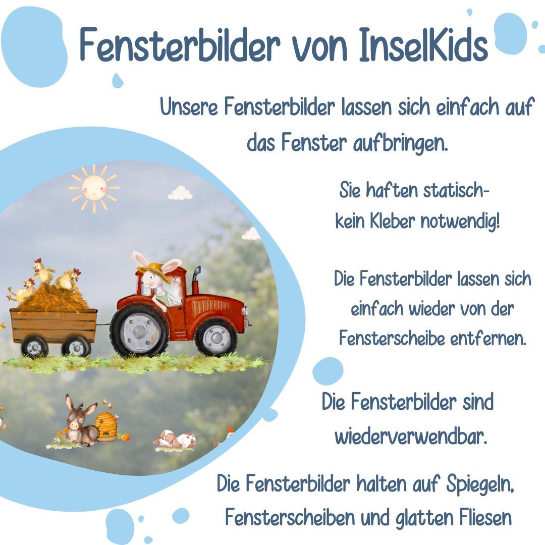 Fensterdeko mit Traktor – Fensterbild Bauernhof mit Tieren, liebevolle Bauernhof-Fensterdeko –