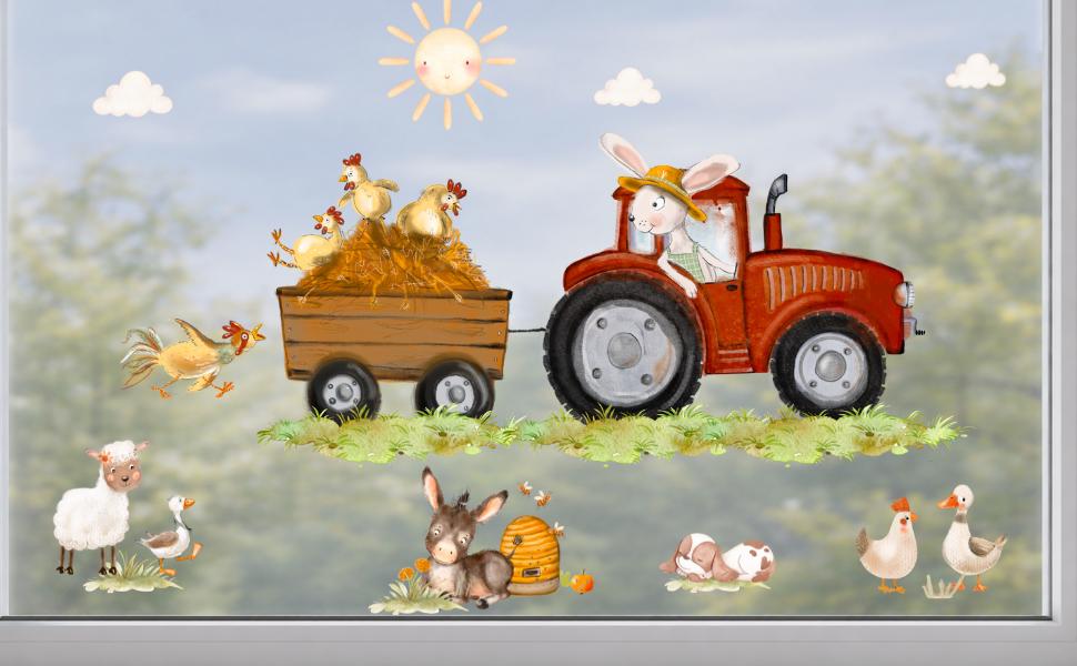 Fensterdeko mit Traktor – Fensterbild Bauernhof mit Tieren, liebevolle Bauernhof-Fensterdeko –