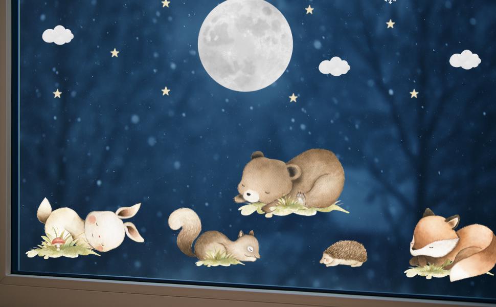 Fensterdeko Nacht – Fensterbild mit Mond, Sternen & schlafenden Waldtieren, ruhige Fensterdeko für zimmer –