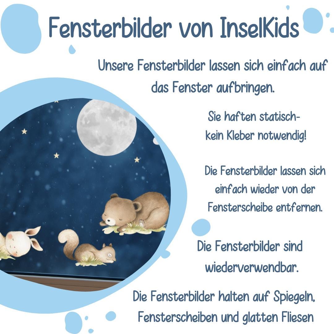Fensterdeko Nacht – Fensterbild mit Mond, Sternen & schlafenden Waldtieren, ruhige Fensterdeko für zimmer –