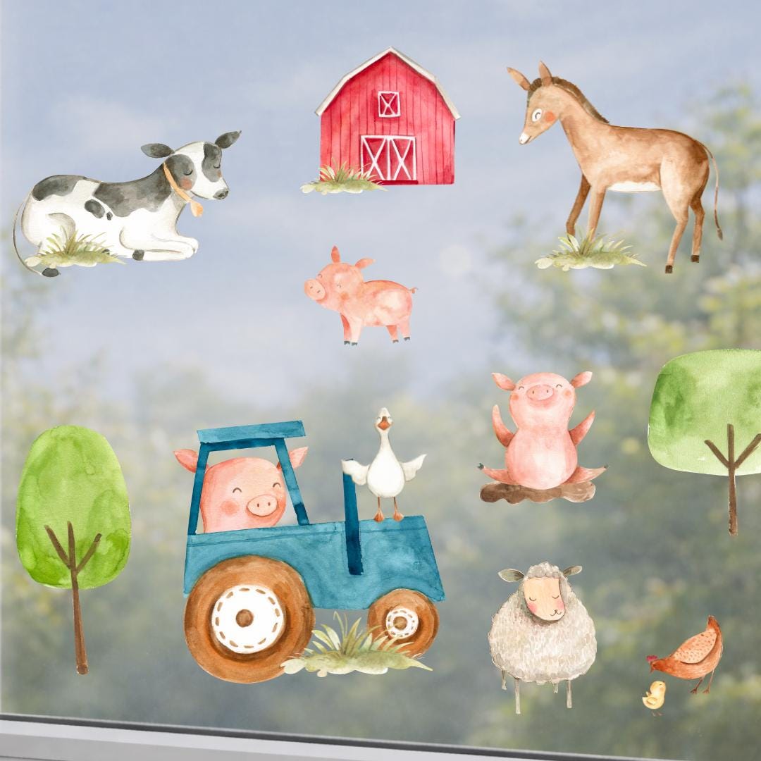 Fensterdeko Bauernhof und Traktor – Fensterbild Bauernhof mit Tieren, liebevolle Bauernhof-Fensterdeko für zimmer –