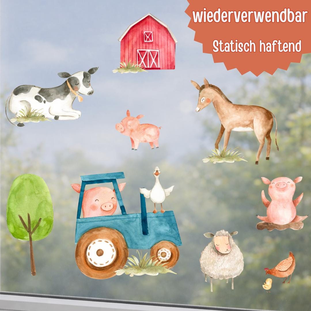 Fensterdeko Bauernhof und Traktor – Fensterbild Bauernhof mit Tieren, liebevolle Bauernhof-Fensterdeko für zimmer –
