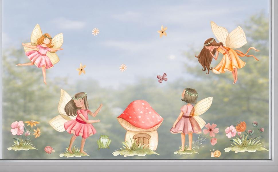 Fensterdeko Frühling – Fensterbild mit Feen, Blumen & Naturmotiven, frühlingshafte Feen-Fensterdeko –