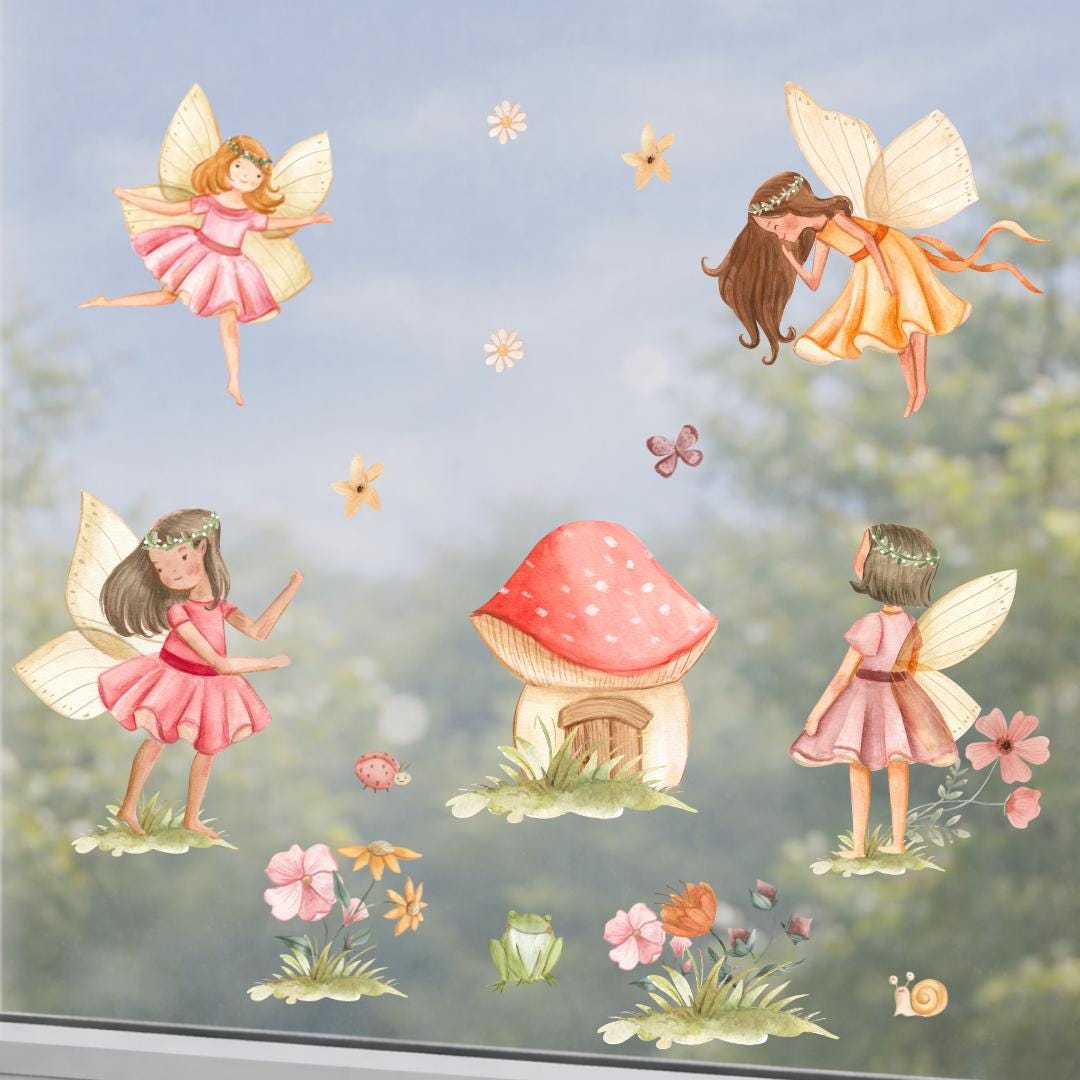 Fensterdeko Frühling – Fensterbild mit Feen, Blumen & Naturmotiven, frühlingshafte Feen-Fensterdeko –