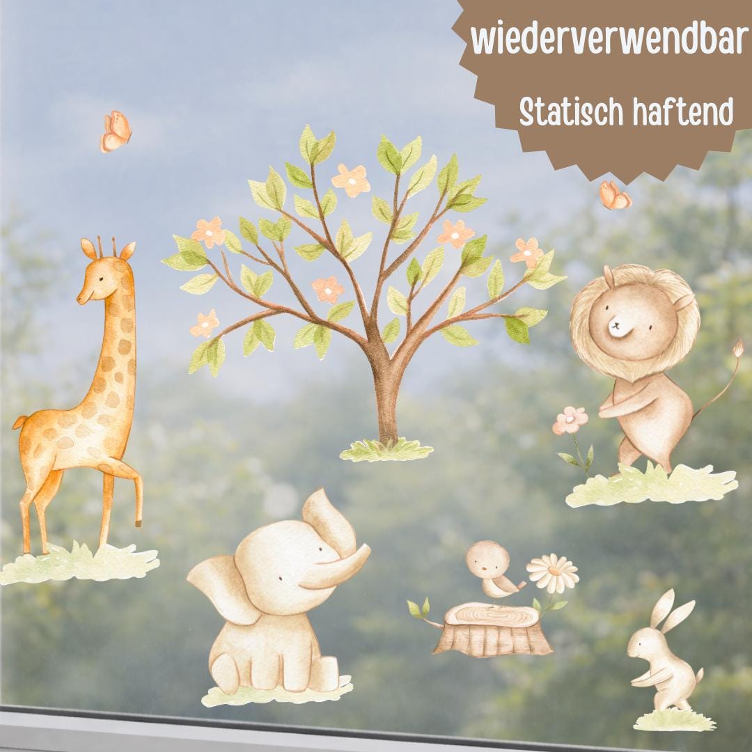 Fensterdeko Frühling – Fensterbild mit Safari-Tieren, Baum & Blumen, frühlingshafte Fensterdeko für zimmer –