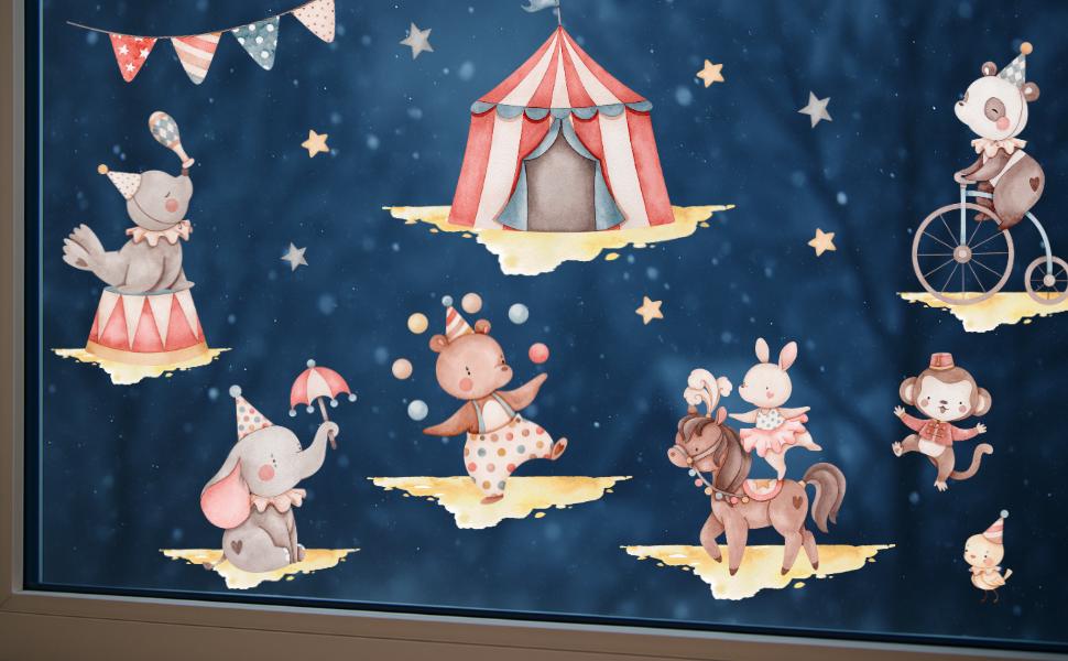 Fensterdeko Zirkus – Fensterbild mit Zirkustieren, Zirkuszelt & Fantasiemotiven für zimmer –