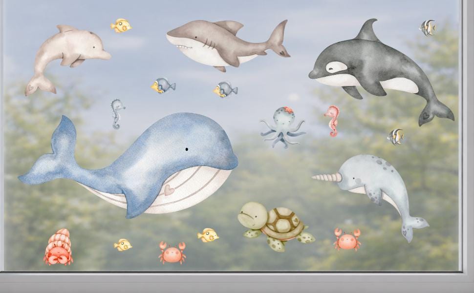 Fensterbild Meerestiere für – Unterwasser Fensterdeko mit Wal & Delfin – statisch haftend und wiederverwendbar –