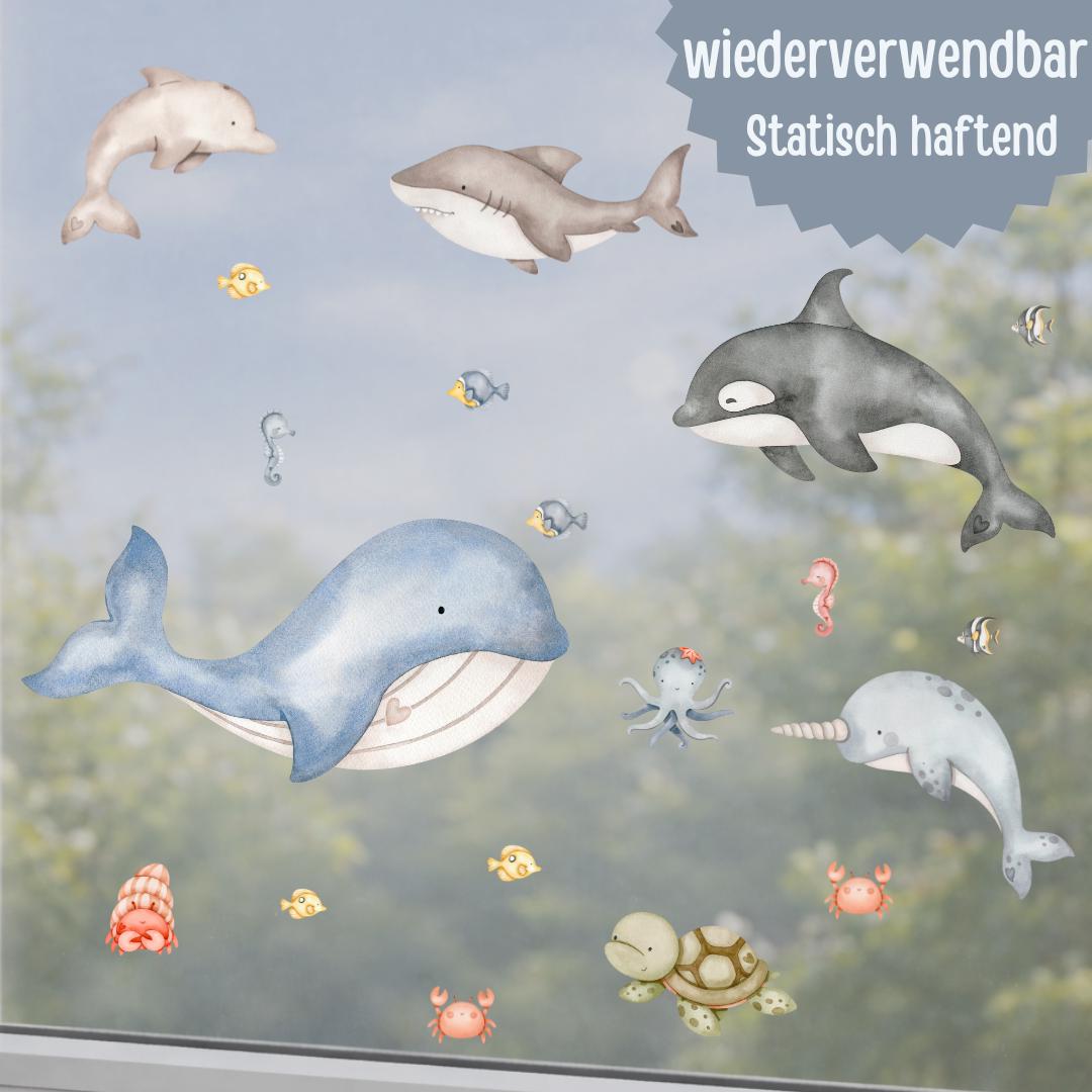 Fensterbild Meerestiere für – Unterwasser Fensterdeko mit Wal & Delfin – statisch haftend und wiederverwendbar –