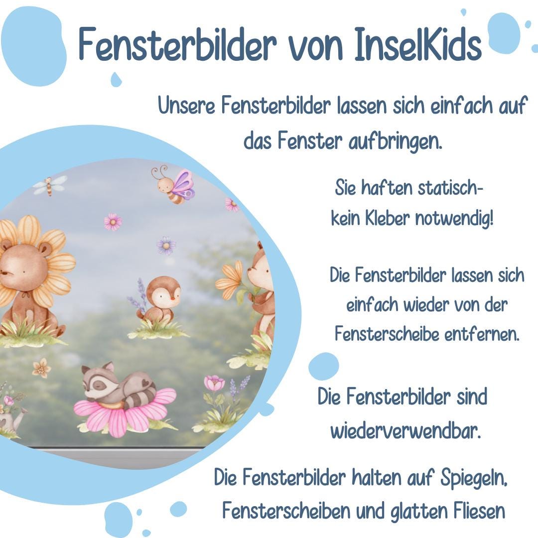 Fensterbild Frühling mit Tieren & Blumen – statisch haftende Fensterdeko – wiederverwendbar –